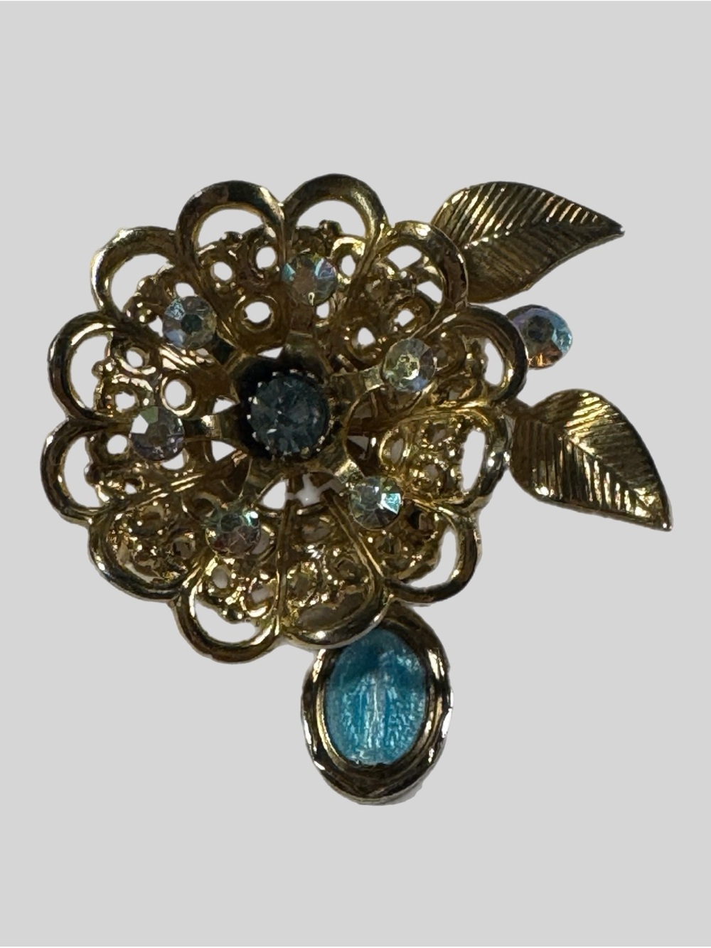Vintage Gold Filigree Miraculous Medal Flower Brooch Pin Blue Rhinestone MCM EUC